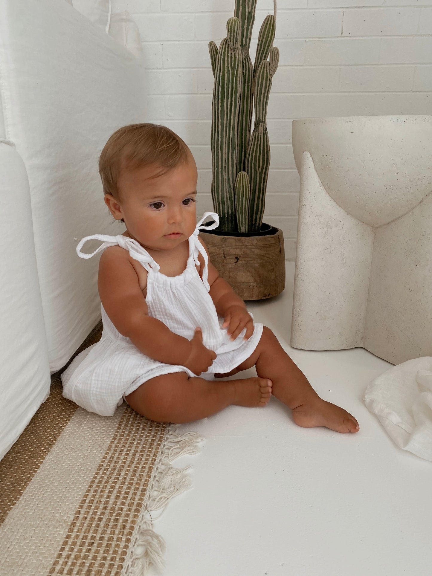 Slightly Imperfect Organic Cotton Muslin Dress & Bloomer Set - Pure White