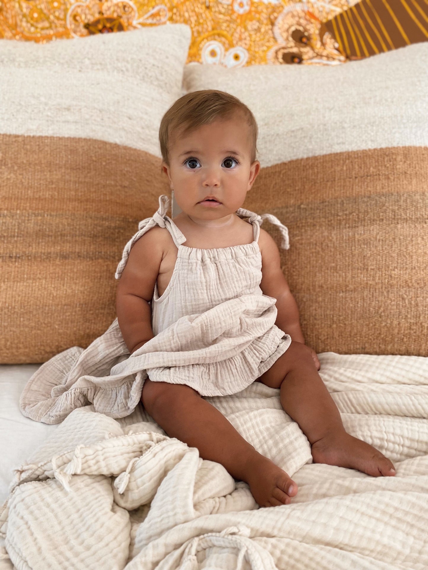 Organic Cotton Muslin Dress & Bloomer Set - Oat