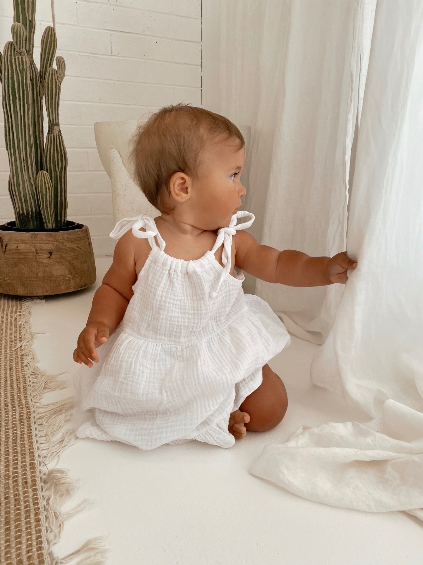 Slightly Imperfect Organic Cotton Muslin Dress & Bloomer Set - Pure White