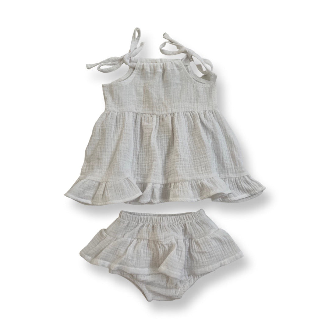 Slightly Imperfect Organic Cotton Muslin Dress & Bloomer Set - Pure White