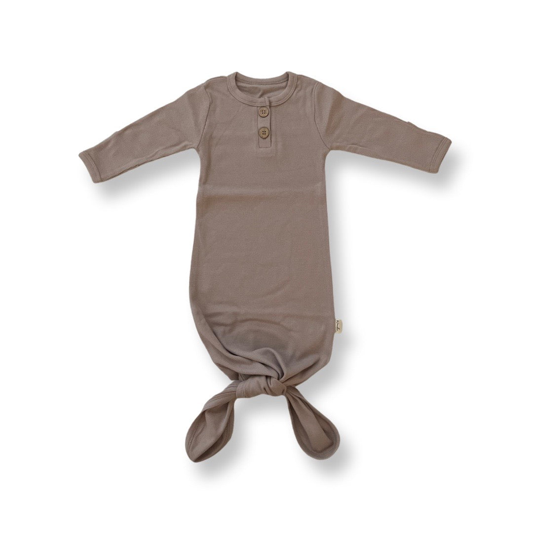 Organic Cotton Rib Knot Gown & Beanie - Fawn