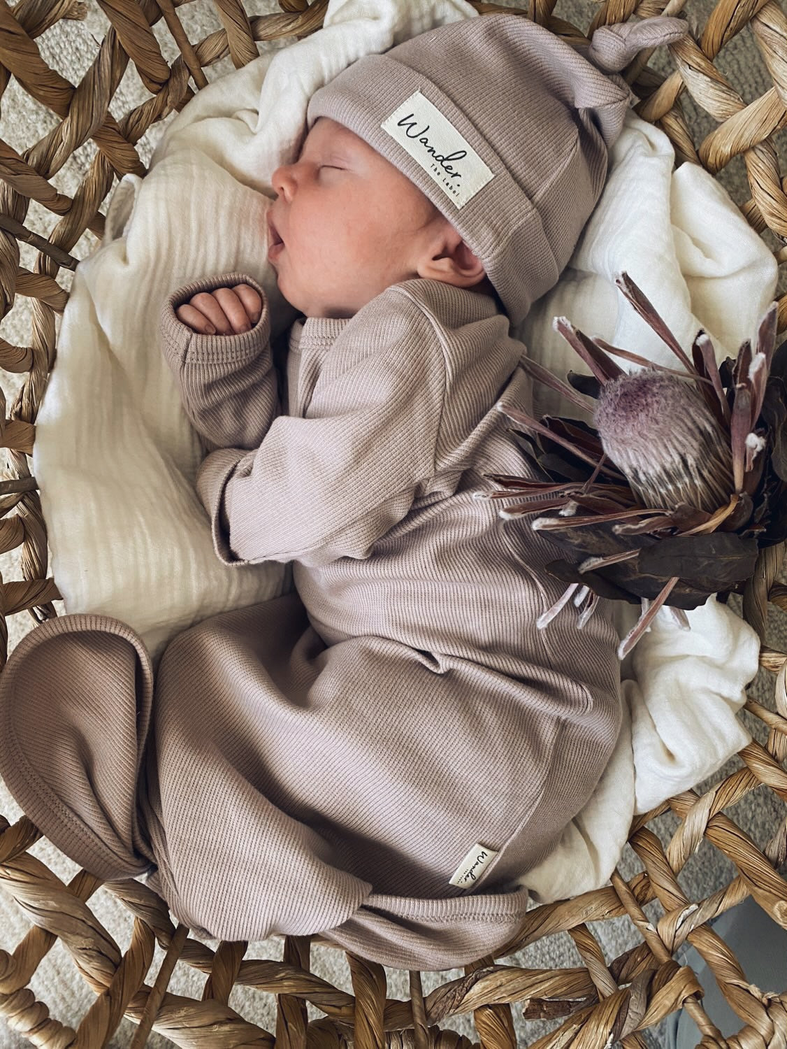 Organic Cotton Rib Knot Gown & Beanie - Fawn