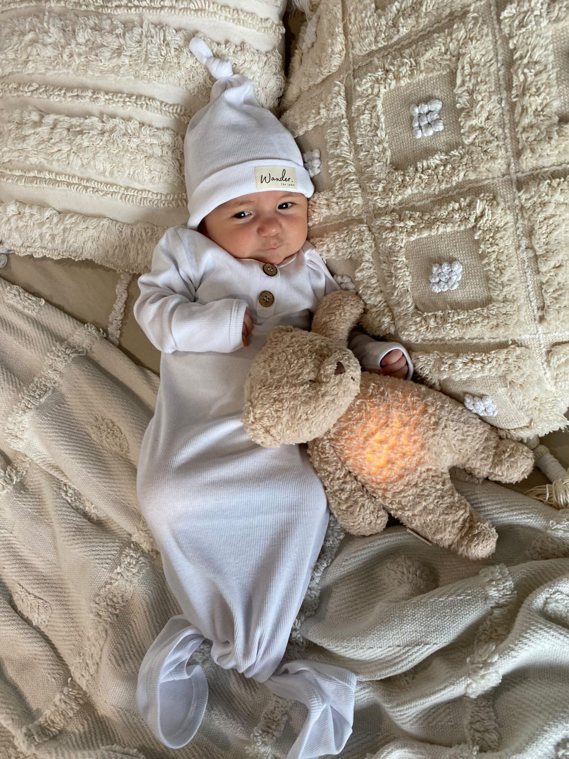 Organic Cotton Rib Knot Gown & Beanie - White