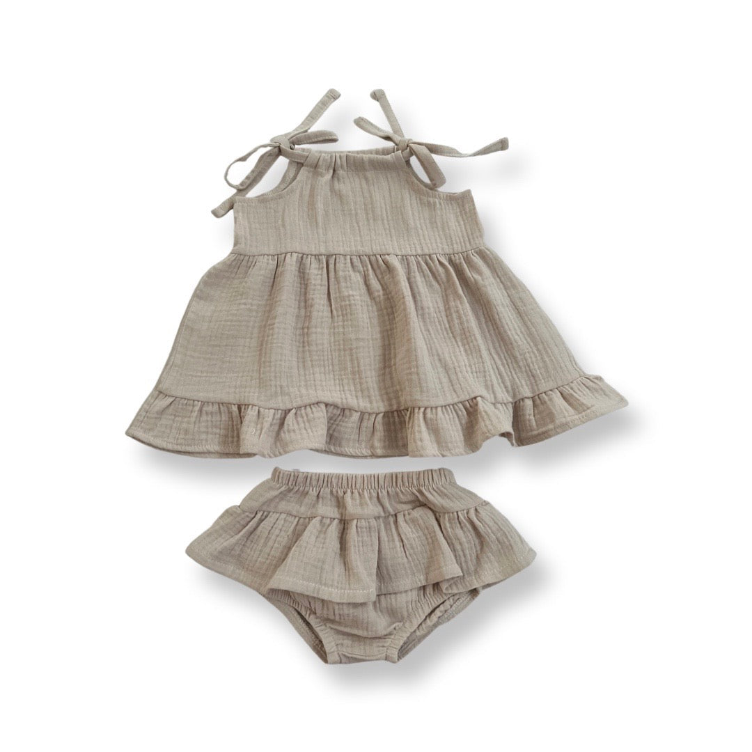 Organic Cotton Muslin Dress & Bloomer Set - Oat