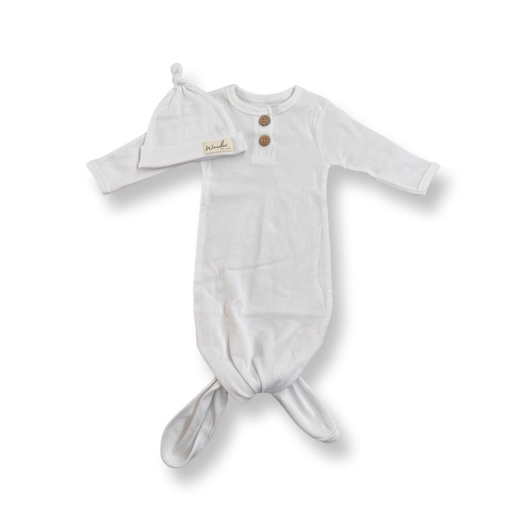 Organic Cotton Rib Knot Gown & Beanie - White
