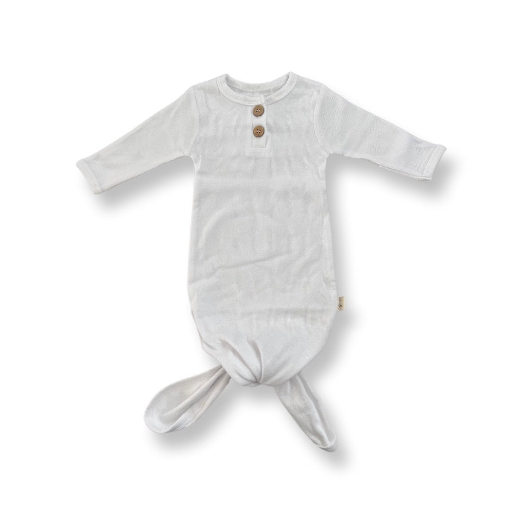 Organic Cotton Rib Knot Gown & Beanie - White