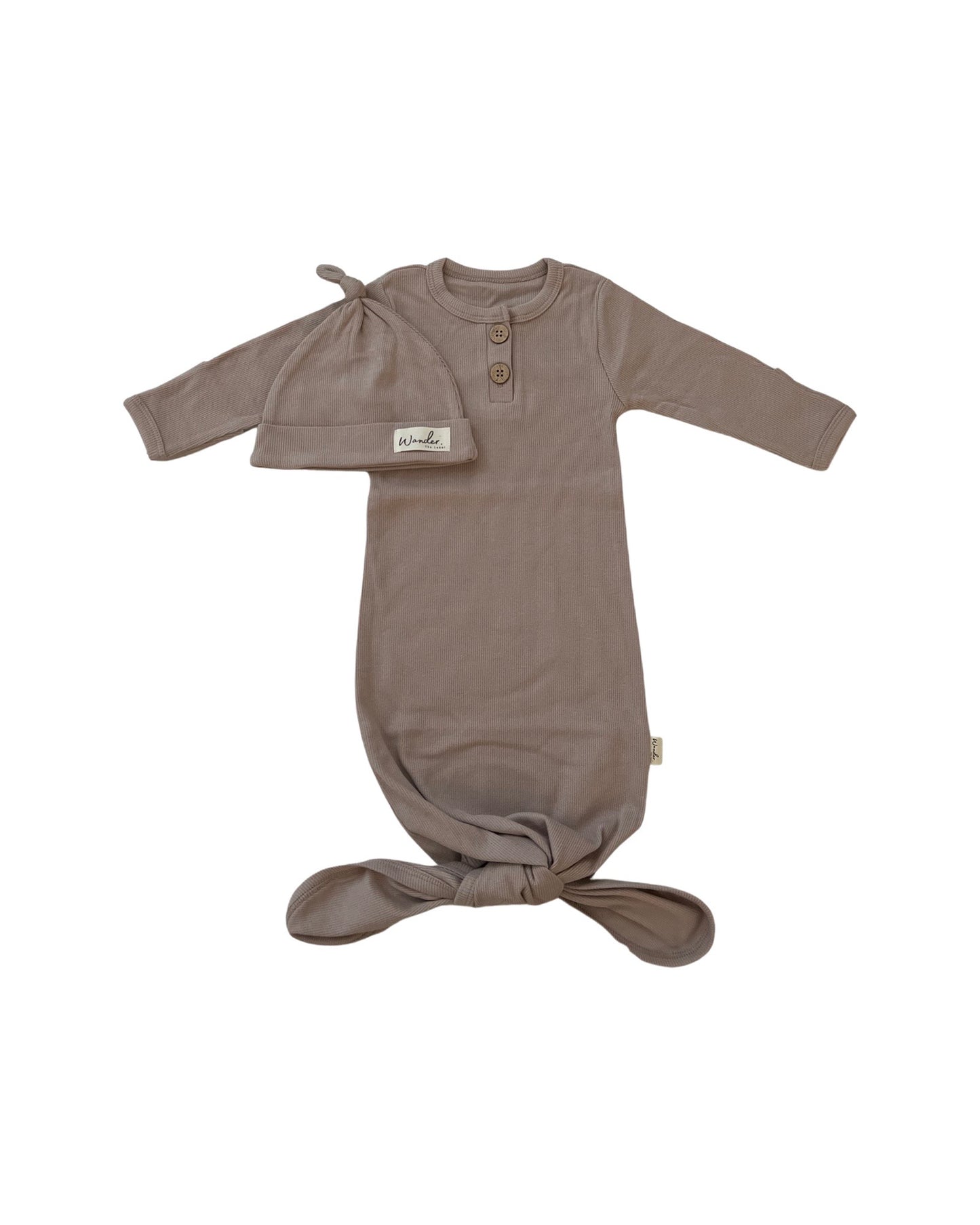 Organic Cotton Rib Knot Gown & Beanie - Fawn