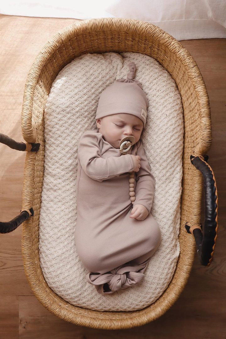 Organic Cotton Rib Knot Gown & Beanie - Fawn